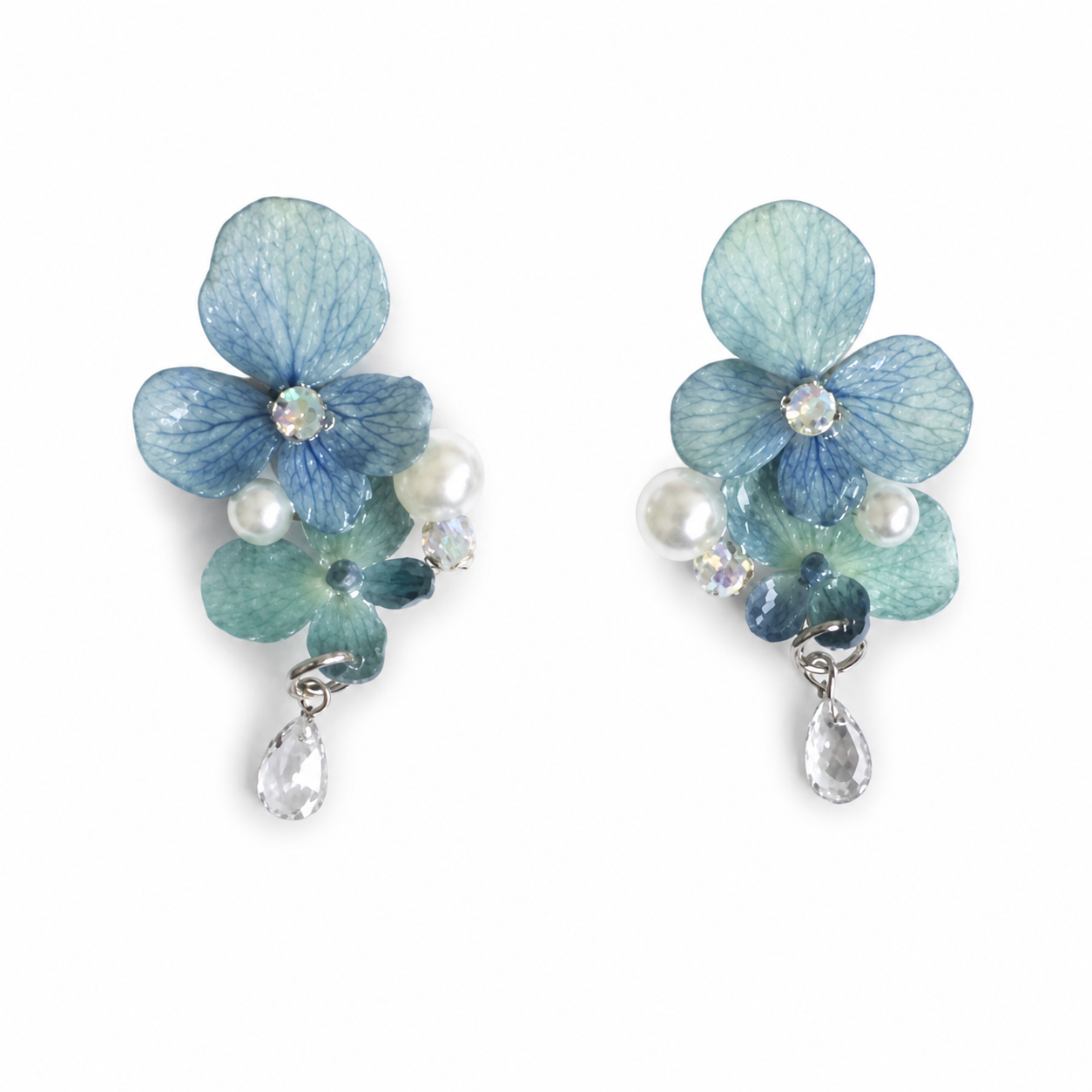 Garden of Treasures blue hydrangea resin earrings with freshwater pearls