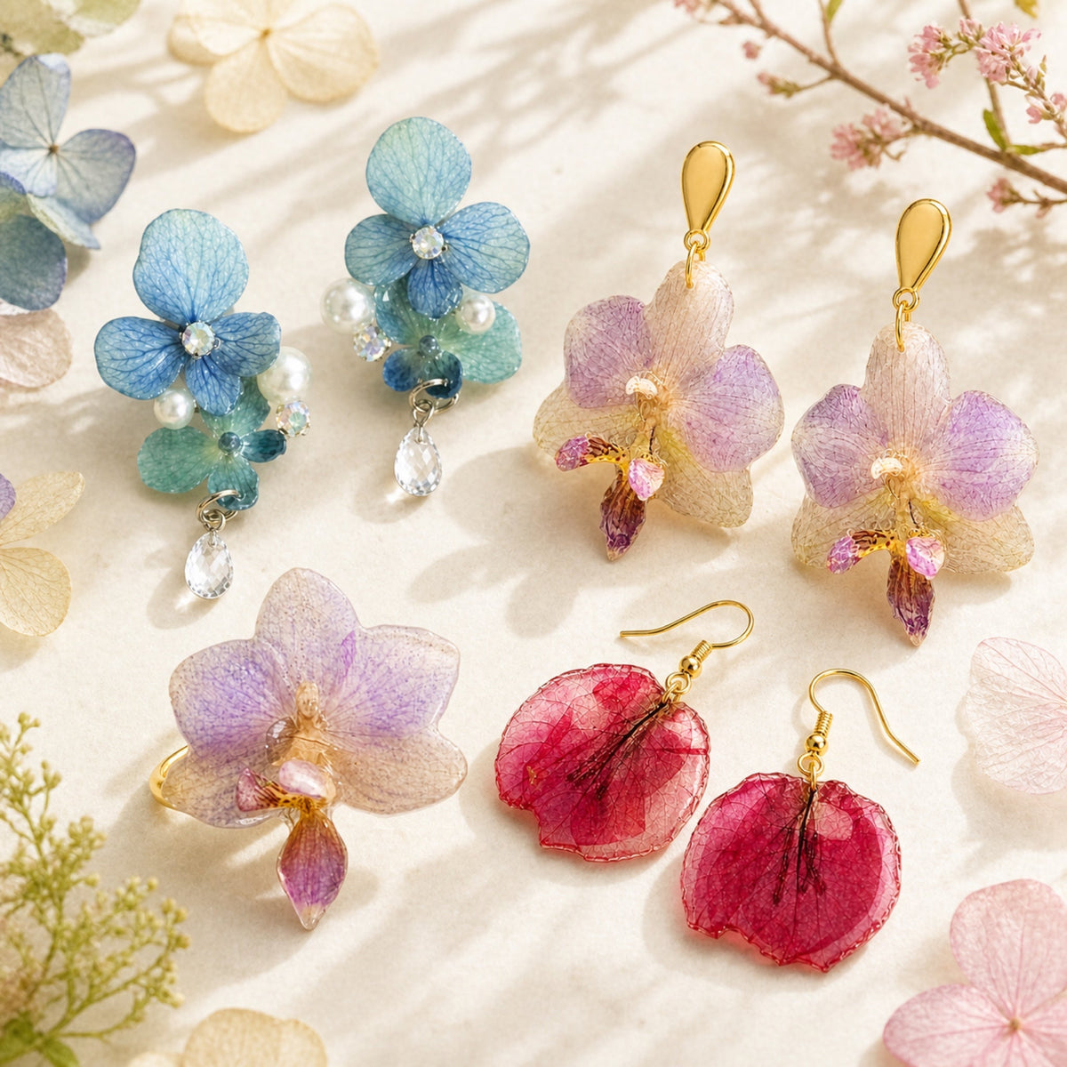Garden of Treasures handmade resin flower earrings and ring with freshwater pearls and gold-tone details
