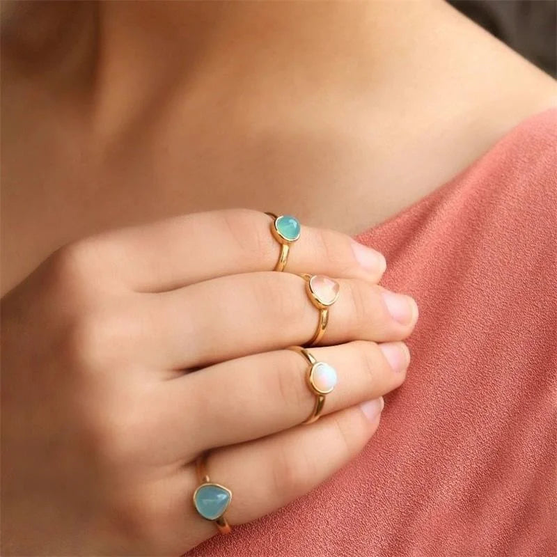 TerraFusion Gems 18k Gold Plated  Adjustable Dainty Light Blue Sky Agate  / Moonstone / Rose Quartz Cuff Ring