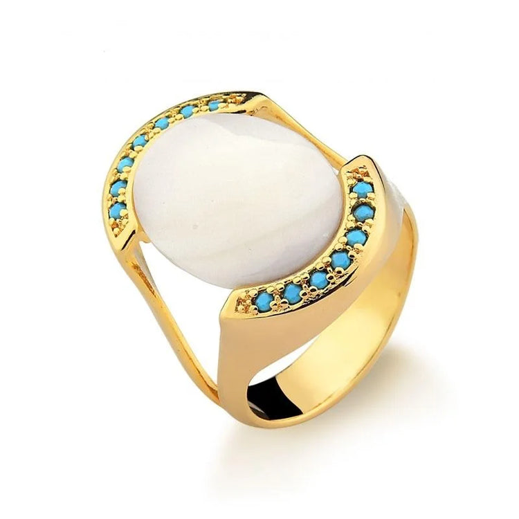 PearlFusion Moonlit Oasis 18K Gold Plated Mother of Pearl and Turquoise Ring