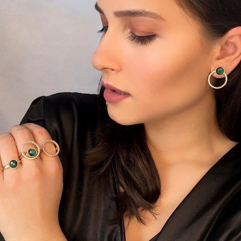 PureNature Ornaments 18k Gold Plated, white rhodium details, Zircon crystals Verdant  Elegance Emerald and Zircon Halo layered Ring and earrings