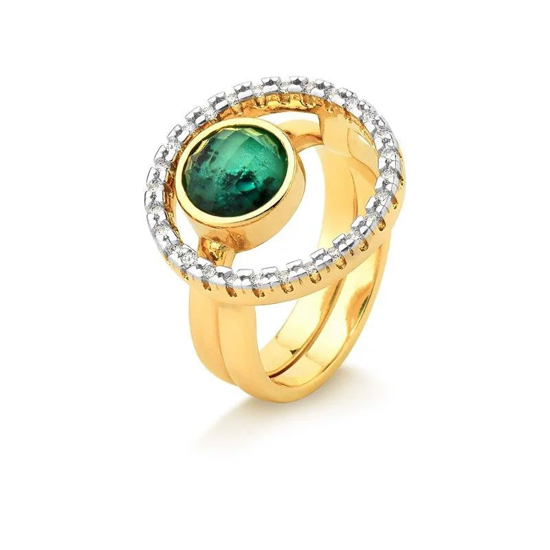 PureNature Ornaments 18k Gold Plated, white rhodium details, Zircon crystals Verdant  Elegance Emerald and Zircon Halo layered Ring