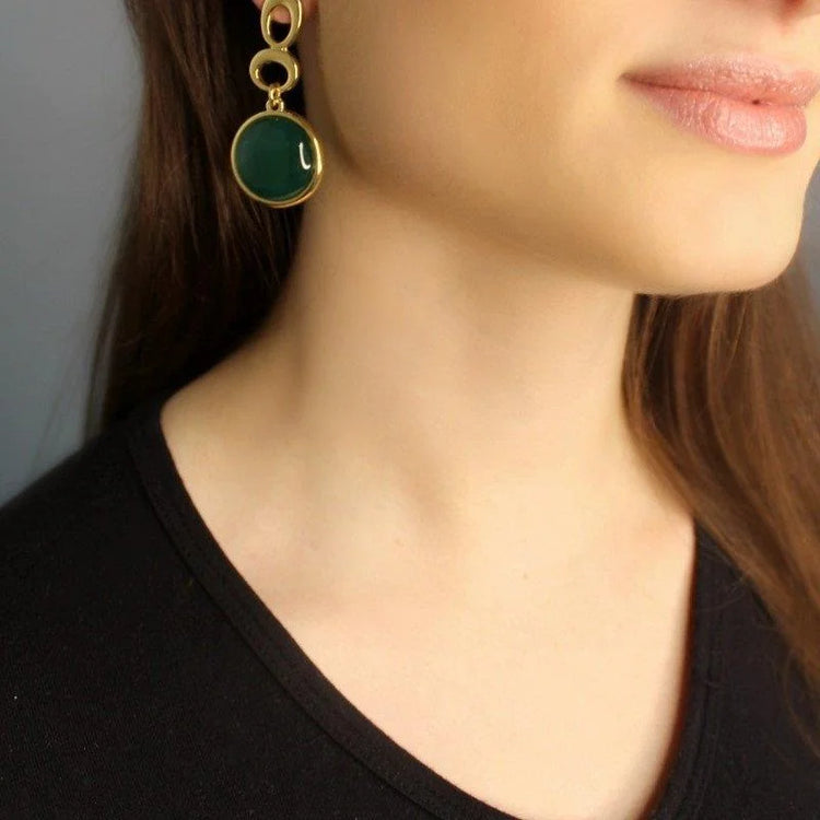 TerraFusion Gems 18k Gold Plated Celestial Orbit Green Agate Earrings