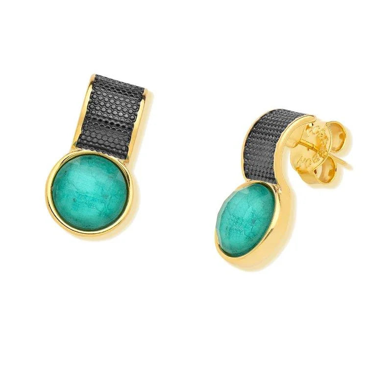 PureNature Ornaments 18k Gold Plated and details in Dark Rhodium The Righteous One Round Emerald Earrings