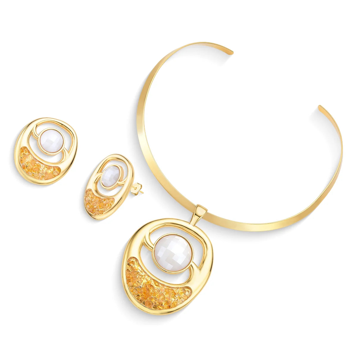 TerraFusion Gems Glitz and Glam Pearly Mother of Pearl and Citrine Druzy Earrings and Necklace Set