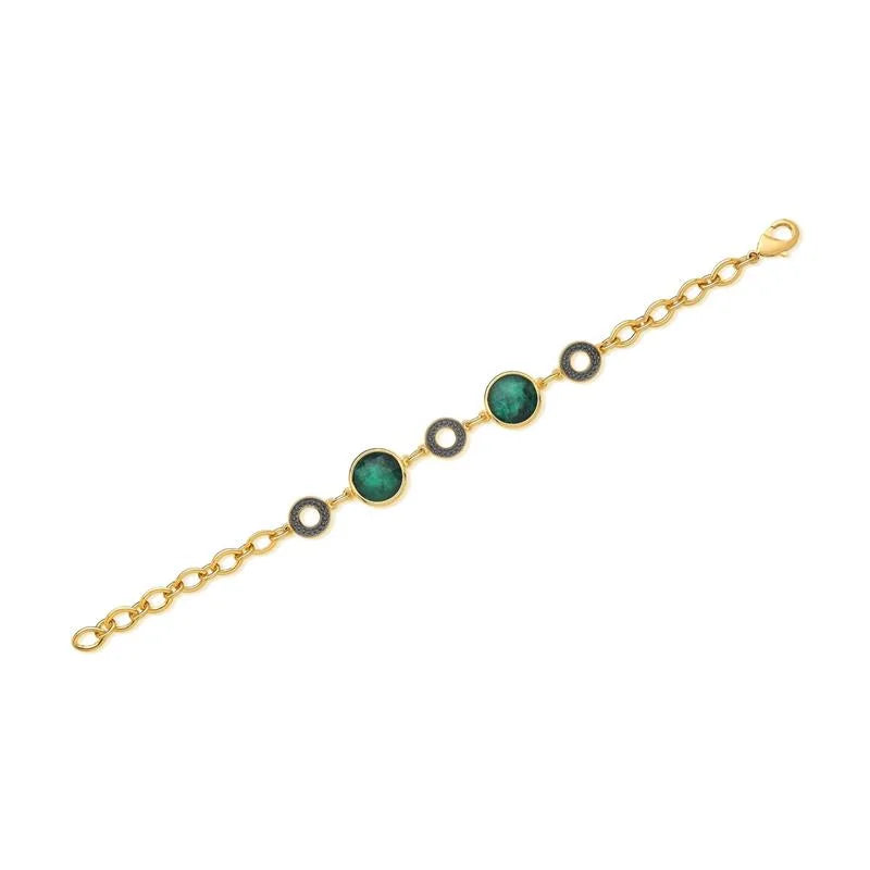 PureNature Ornaments Crown Jewels Emerald Bracelet, 12mm round stones, 18k Gold Plated, Dark Rhodium details, Lobster Claw and Chain Clasp