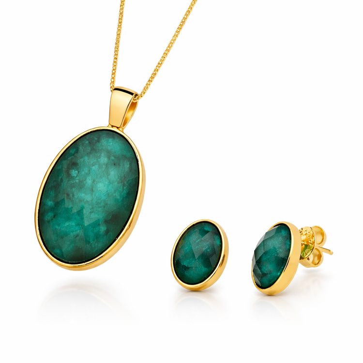 PureNature Ornaments Green Horizon Emerald Stud Earrings and Necklace Set