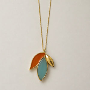 TerraFusion Gems Autumn Leaf Blue Sky Agate Necklace in 18k gold plated finish with genuine natural Blue Sky Agate gemstone.
