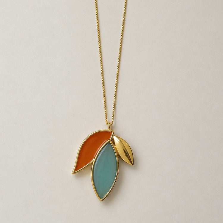 TerraFusion Gems Autumn Leaf Blue Sky Agate Necklace in 18k gold plated finish with genuine natural Blue Sky Agate gemstone.