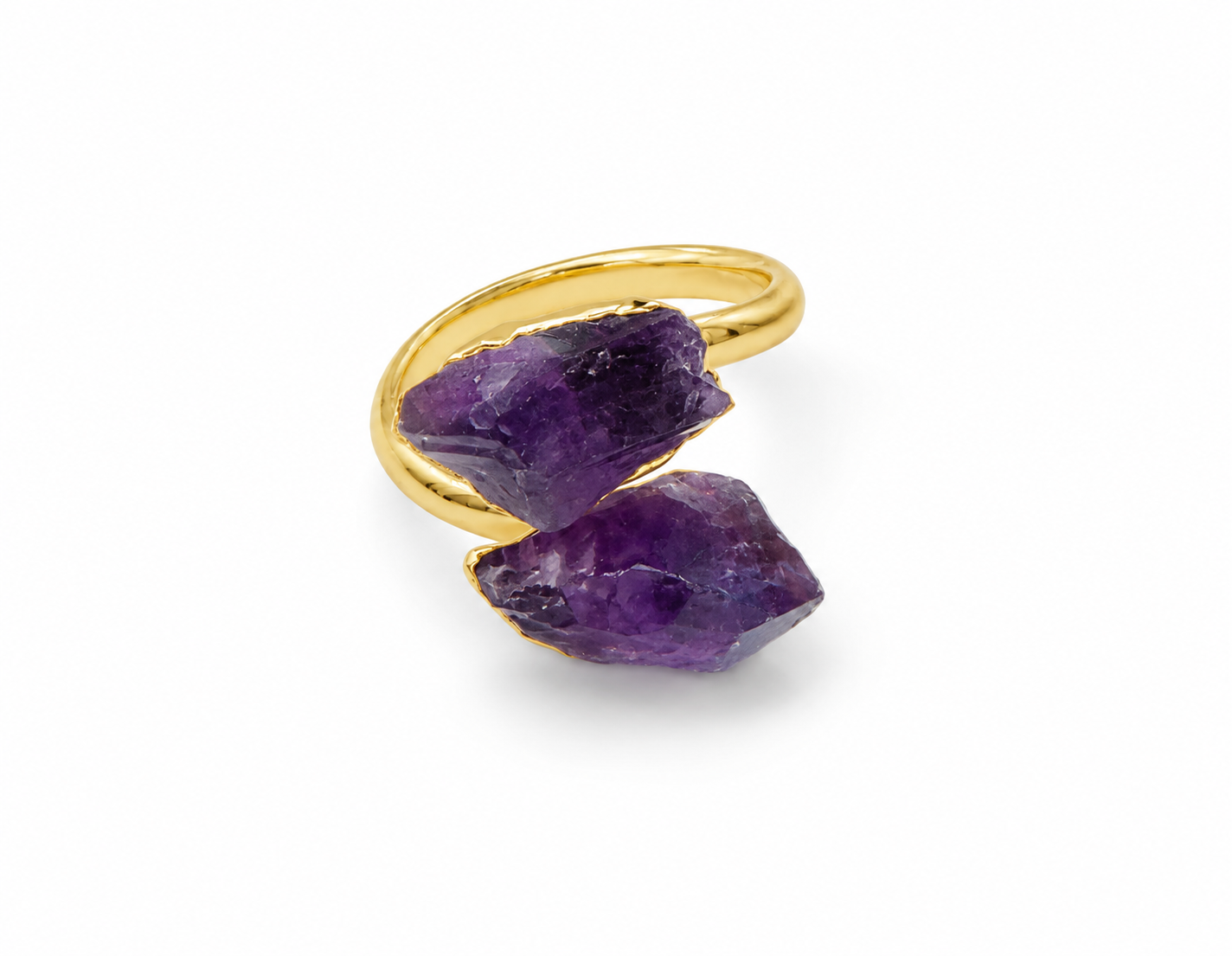 Colours of Brazil adjustable statement ring featuring raw natural Amethyst or Citrine gemstones set in an elegant 22k gold plated open design.