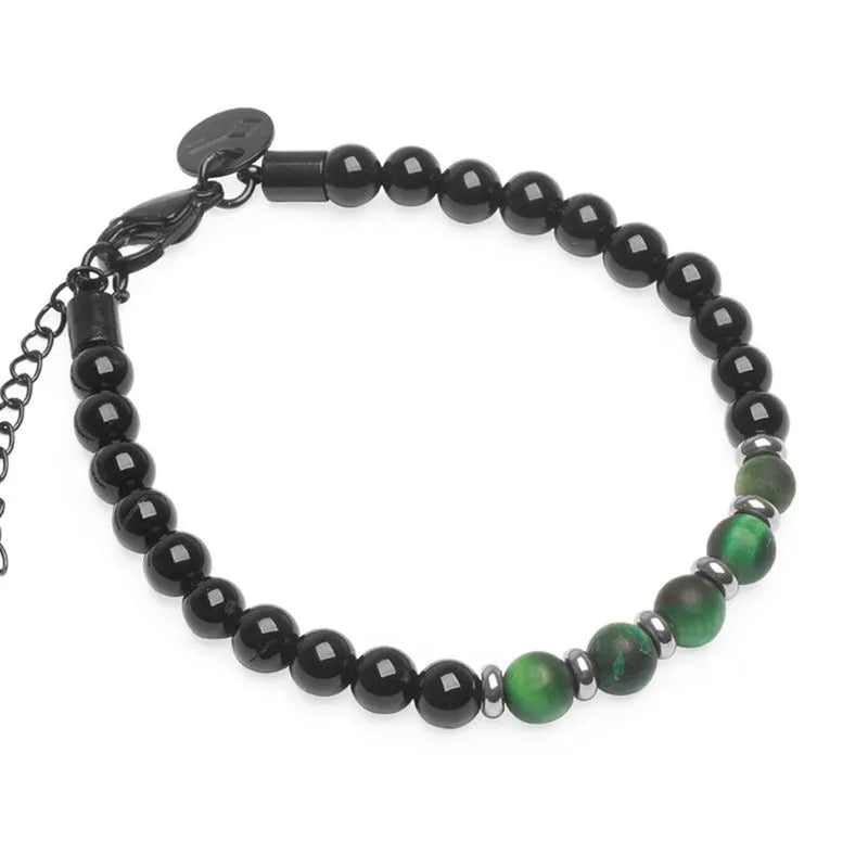 A stylish men's bracelet featuring glossy black beads paired with a striking section of vibrant green Tiger's Eye stones. The green beads are separated by small metallic spacers, adding contrast and a sleek finish. The bracelet is secured with a durable black clasp and an adjustable chain for a comfortable fit, making it a bold and modern accessory.