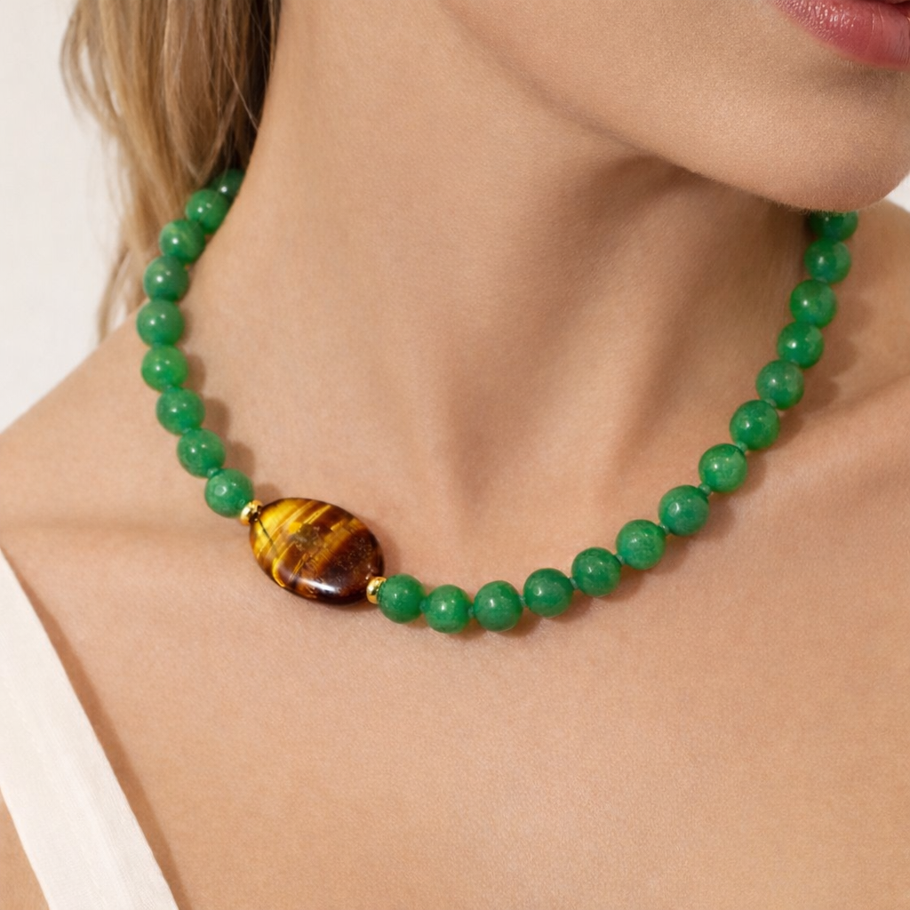 Essentials of Brazil Natural Green Emerald Jade & Tiger’s Eyes Necklace