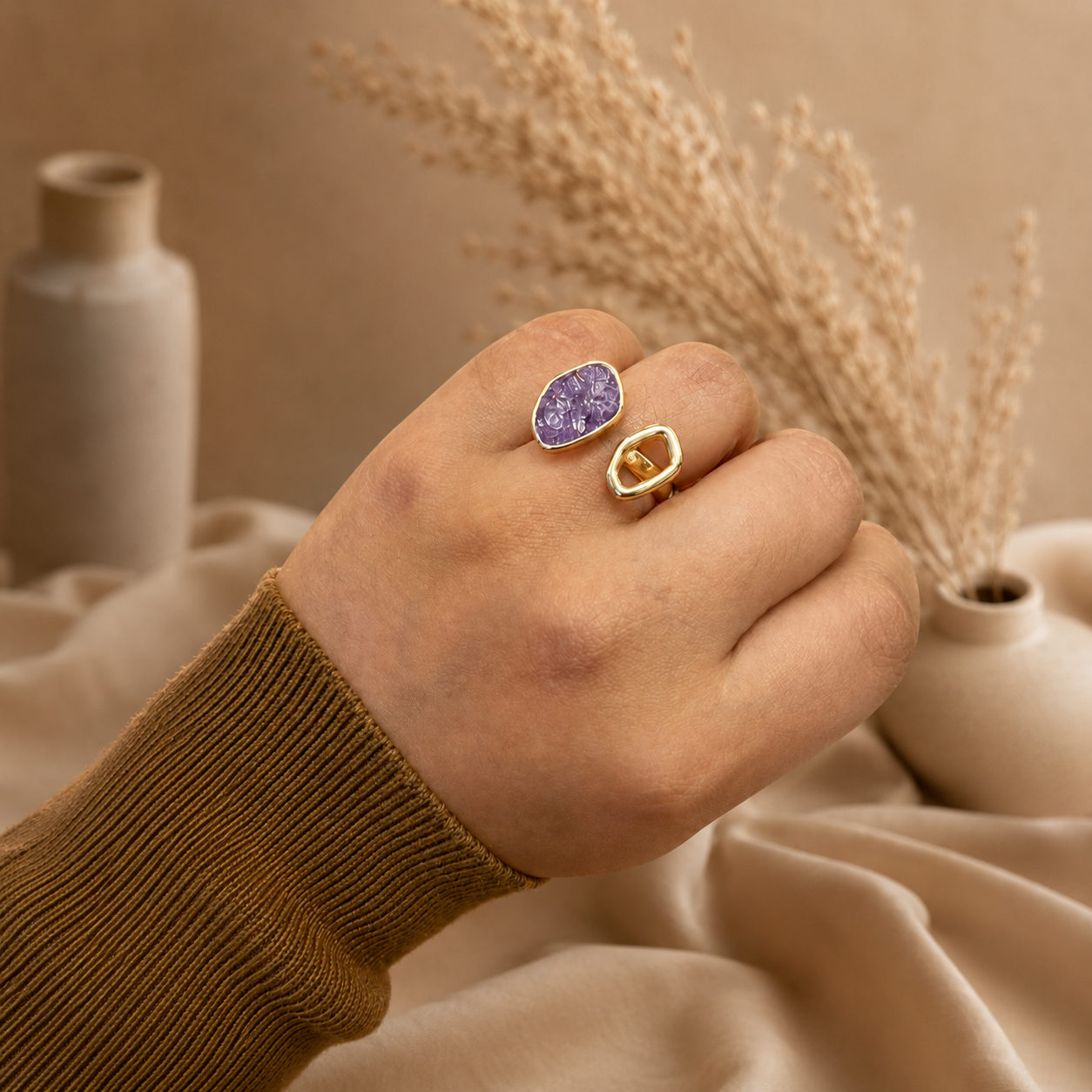 TerraFusion Gems Geometric Natural Amethyst Ring