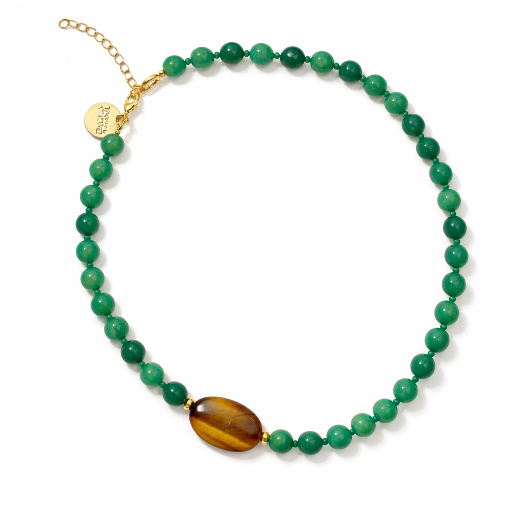 Essentials of Brazil Natural Green Emerald Jade & Tiger’s Eyes Necklace