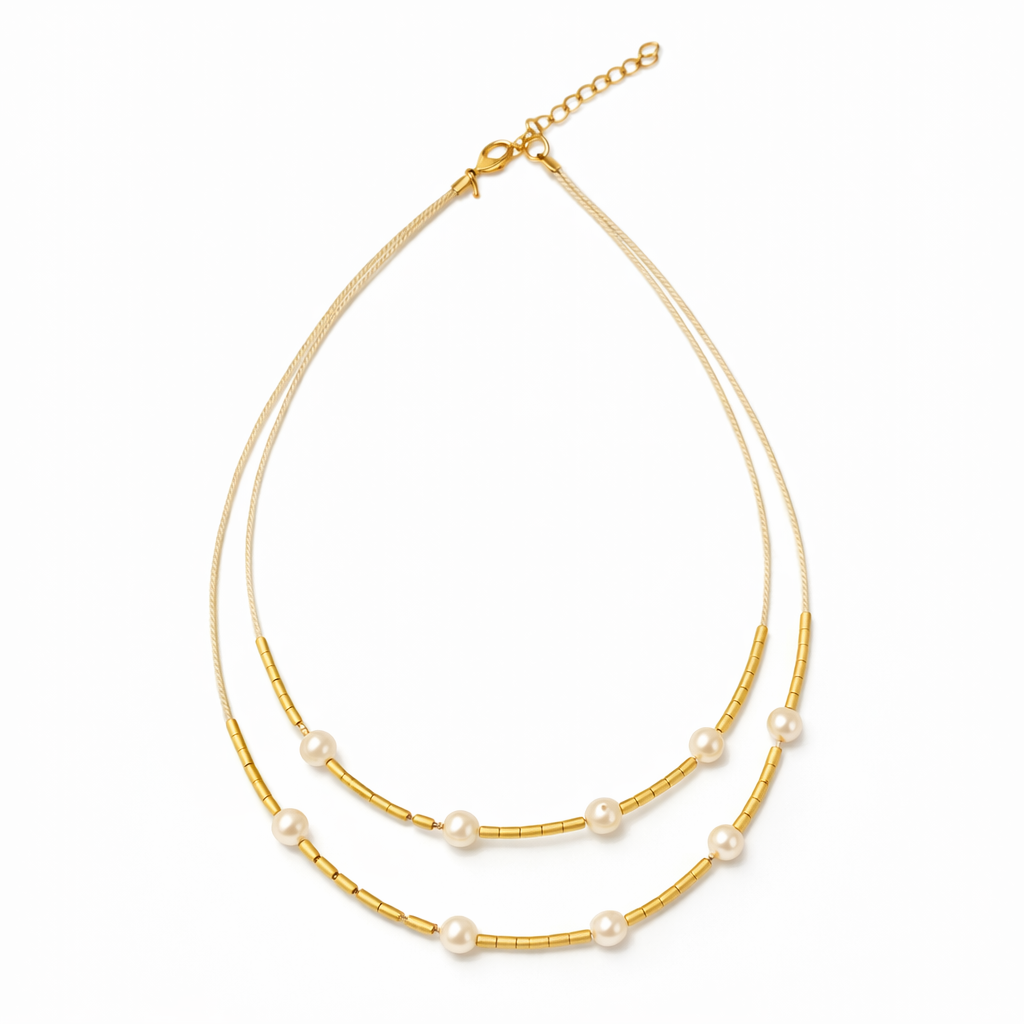 Ethereal Amazonia Layered Buriti Necklace with Fresh Water Pearl Details