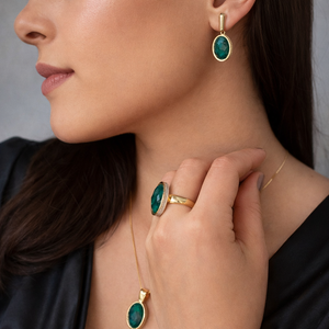 PureNature Ornaments Kingdom's Gem Dark Rhodium and Gold Emerald Earrings and Necklace Set