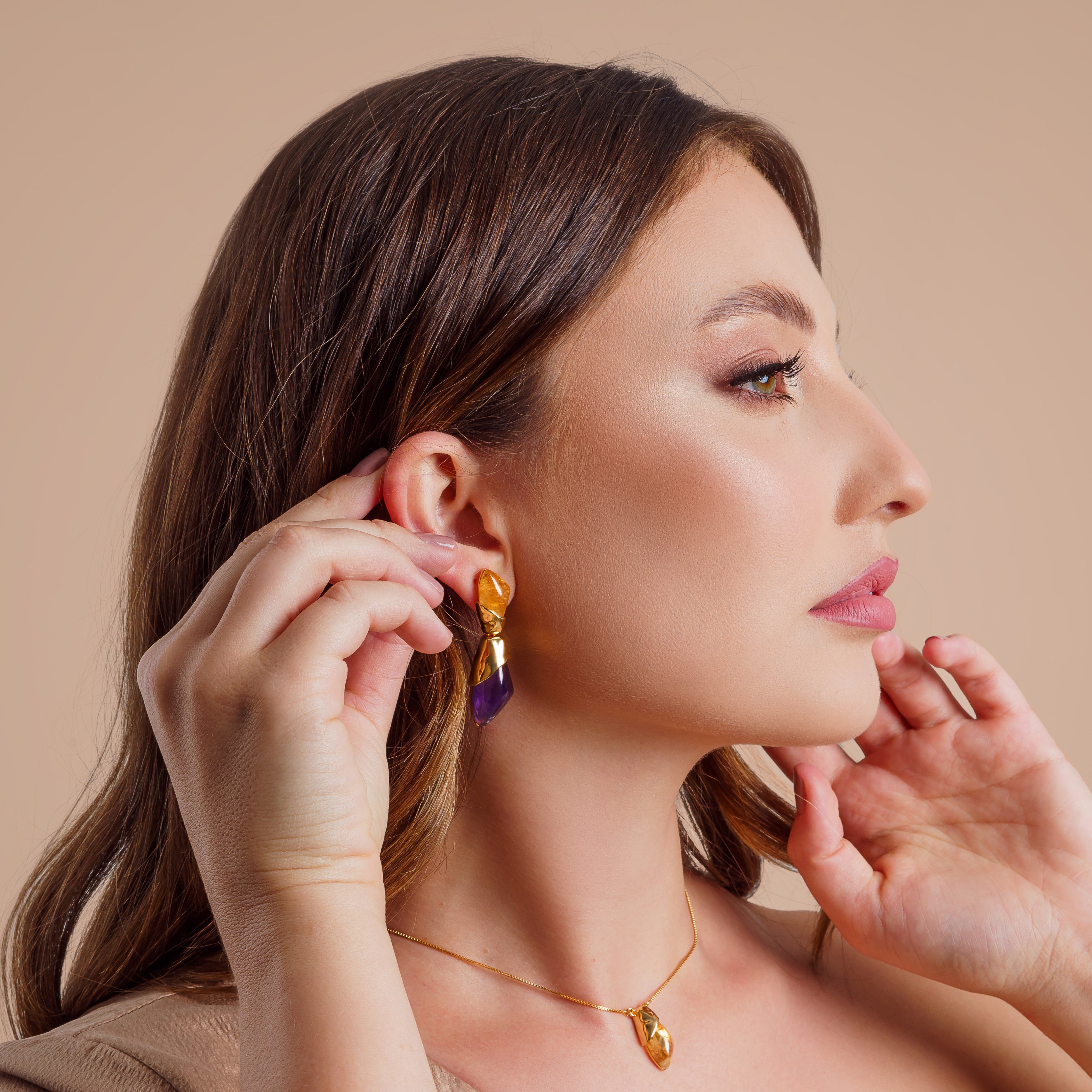 Solene Earrings - Citrine & Amethyst Natural Stones