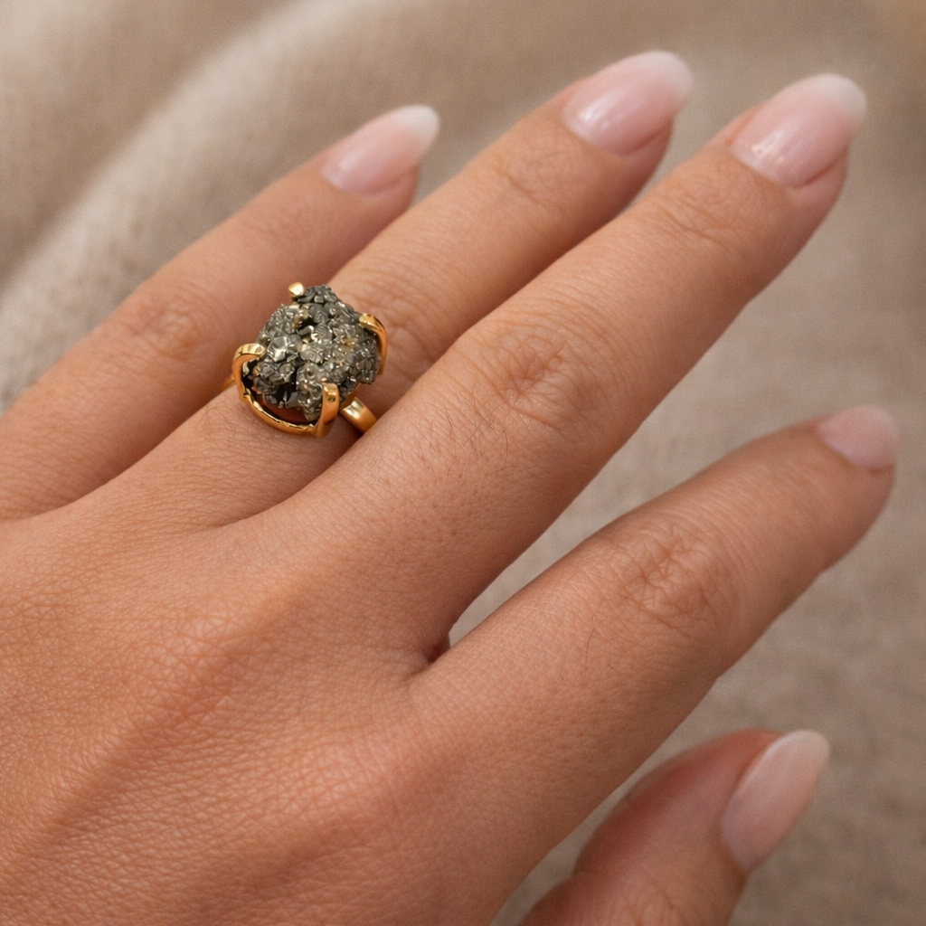 EarthLuxe Treasures Natural Pyrite Ring | Raw Pyrite Stone Ring