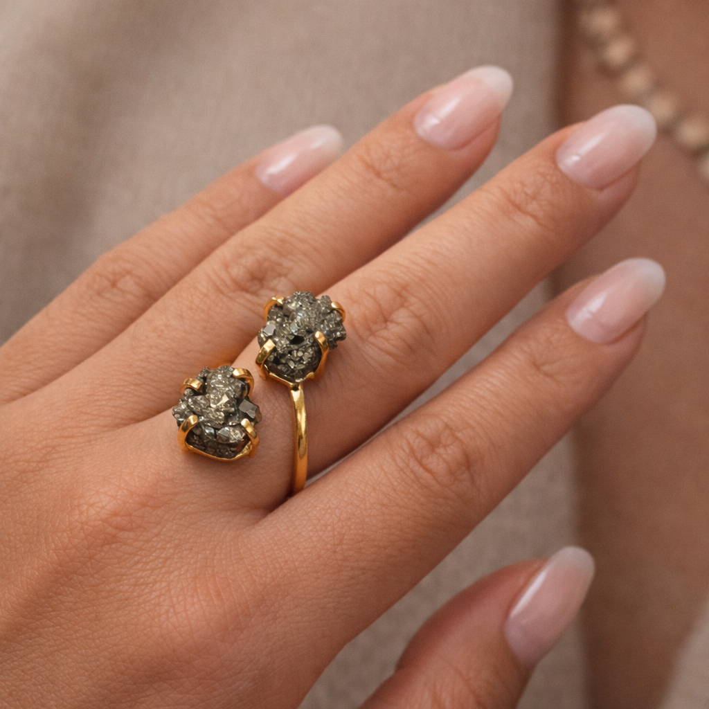 EarthLuxe Treasures Natural Double Pyrite Ring | Raw Pyrite Stone Ring