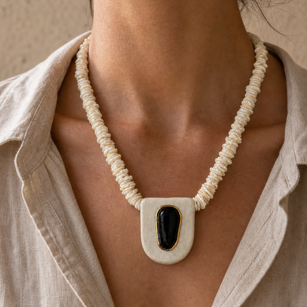 Natural Shell Chip and Ceramic Necklace by Catarina