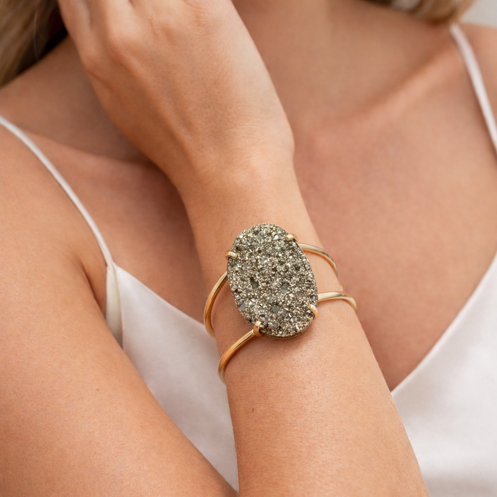 EarthLuxe Treasures Natural Pyrite Cuff Bracelet | Raw Pyrite Stone Bracelet