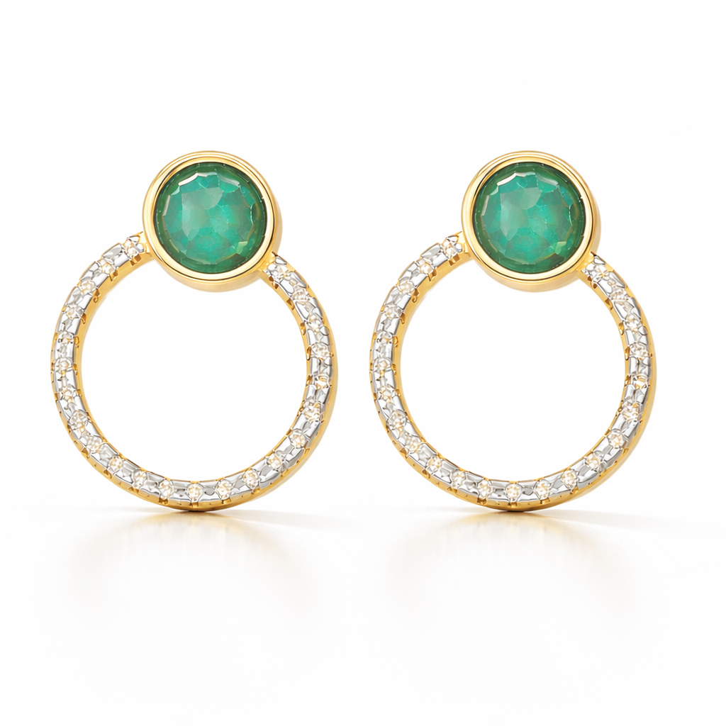PureNature Ornaments Verdant Elegance Emerald and Zircon Halo Earrings