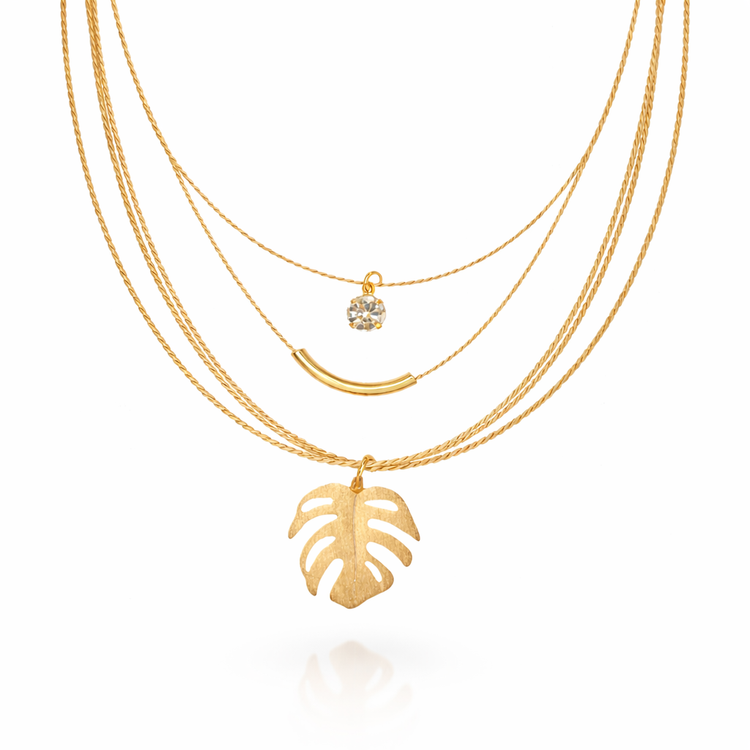 Ethereal AmazoniaLayered Buriti Necklace with Monstera Leaf Pendant