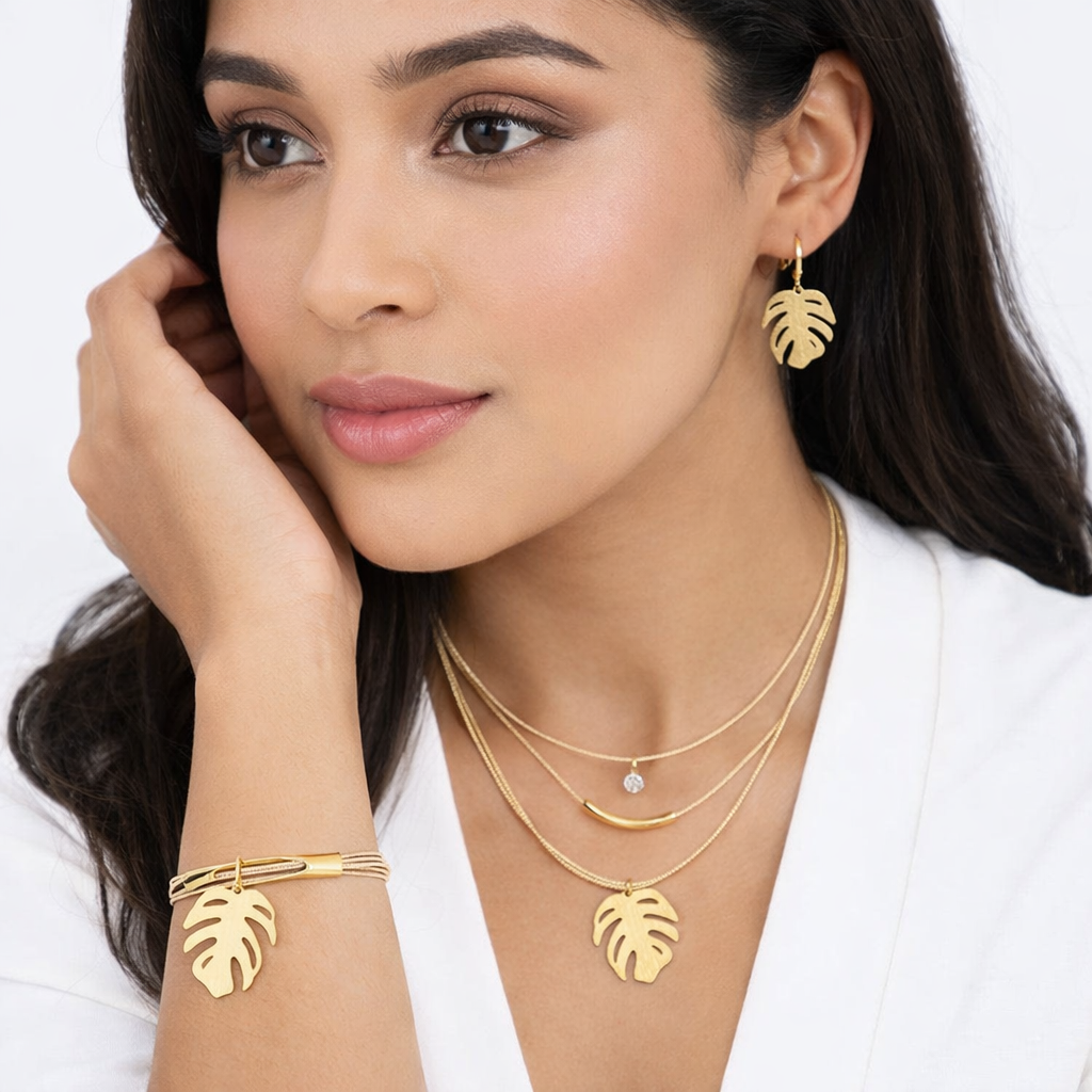 Ethereal AmazoniaLayered Buriti Necklace with Monstera Leaf Pendant