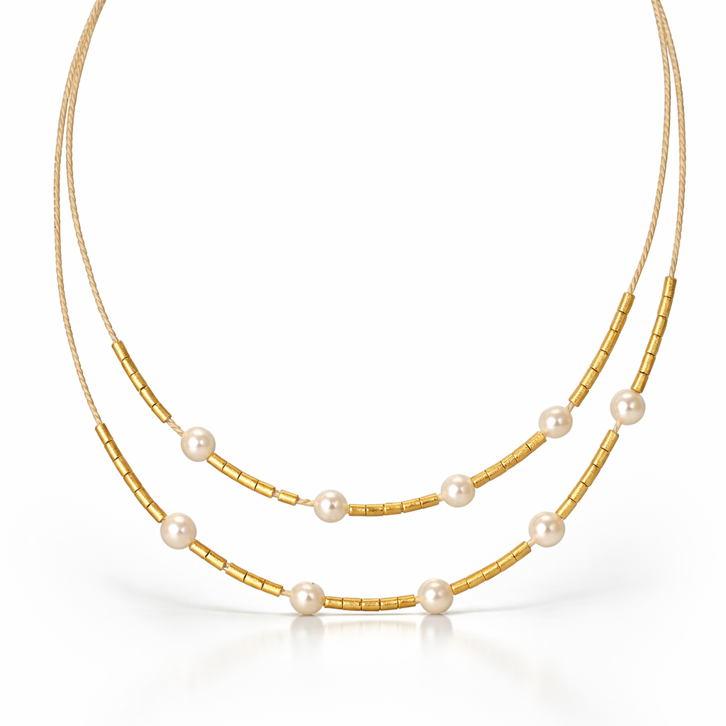 Ethereal Amazonia Layered Buriti Necklace with Fresh Water Pearl Details