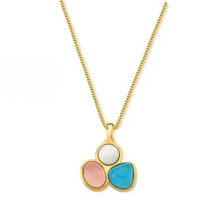 TerraFusion Gems 18k Gold Plated Stone Vitral Rose Quartz, Blue Sky Agate and Mother of Pearl Trio Necklace