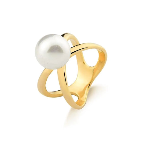 PearlFusion 18k Gold Plated Iridescent Embrace White Freshwater Pearl Ring - Treasures of Brazil