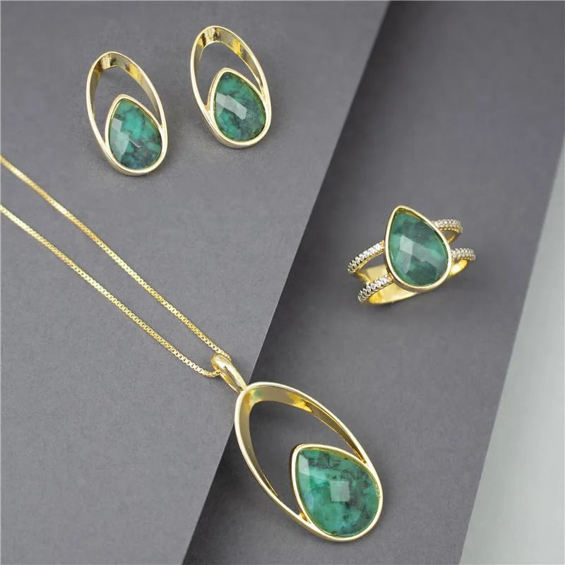 PureNature Ornaments 18k Gold Plated, Rhodium Plated, Luxury Divine Drop Emerald Ring - Treasures of Brazil