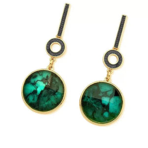 PureNature Ornaments 18k Gold Plated and Dark Rhodium plated derails Round Midnight Wish Natural Emerald Earrings