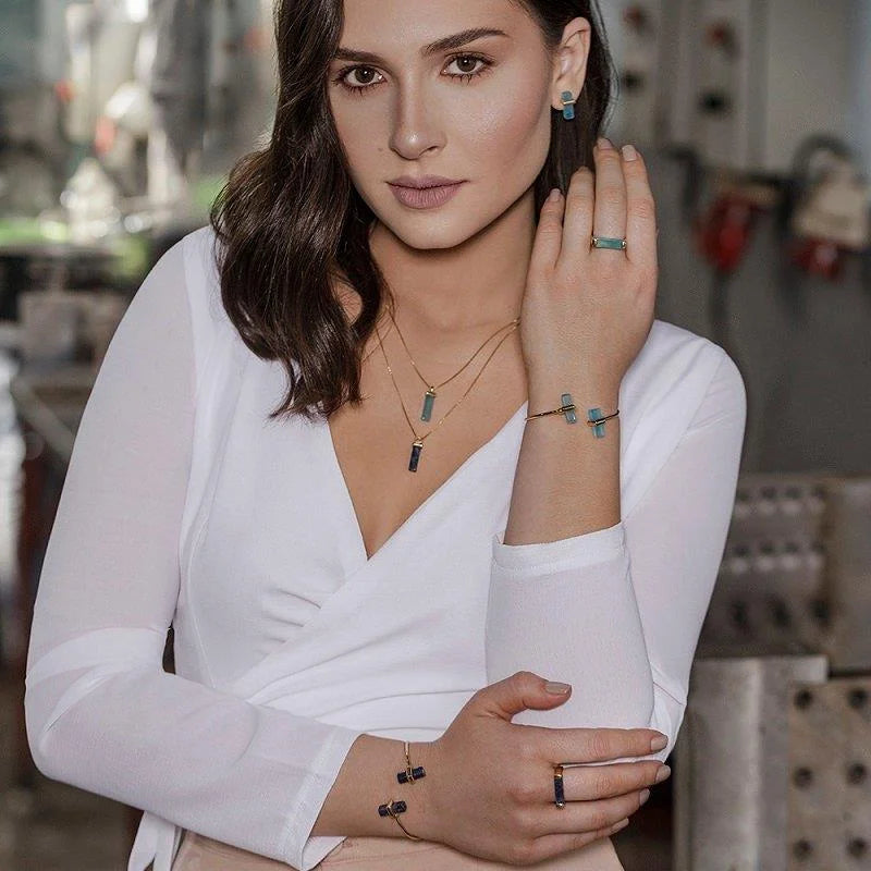 TerraFusion Gems 18k gold plated  Heavenly Stones Blue Sky Agate/ Sodalite Cuff Bracelet - Treasures of Brazil