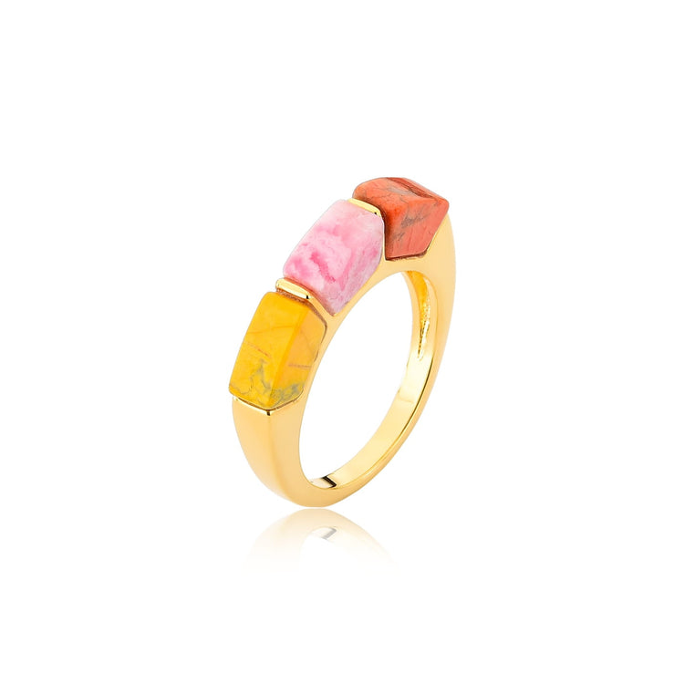 TerraFusion Gems 18k Gold Plated Howlite and Rhodochrosite Aquarela Ring - Treasures of Brazil