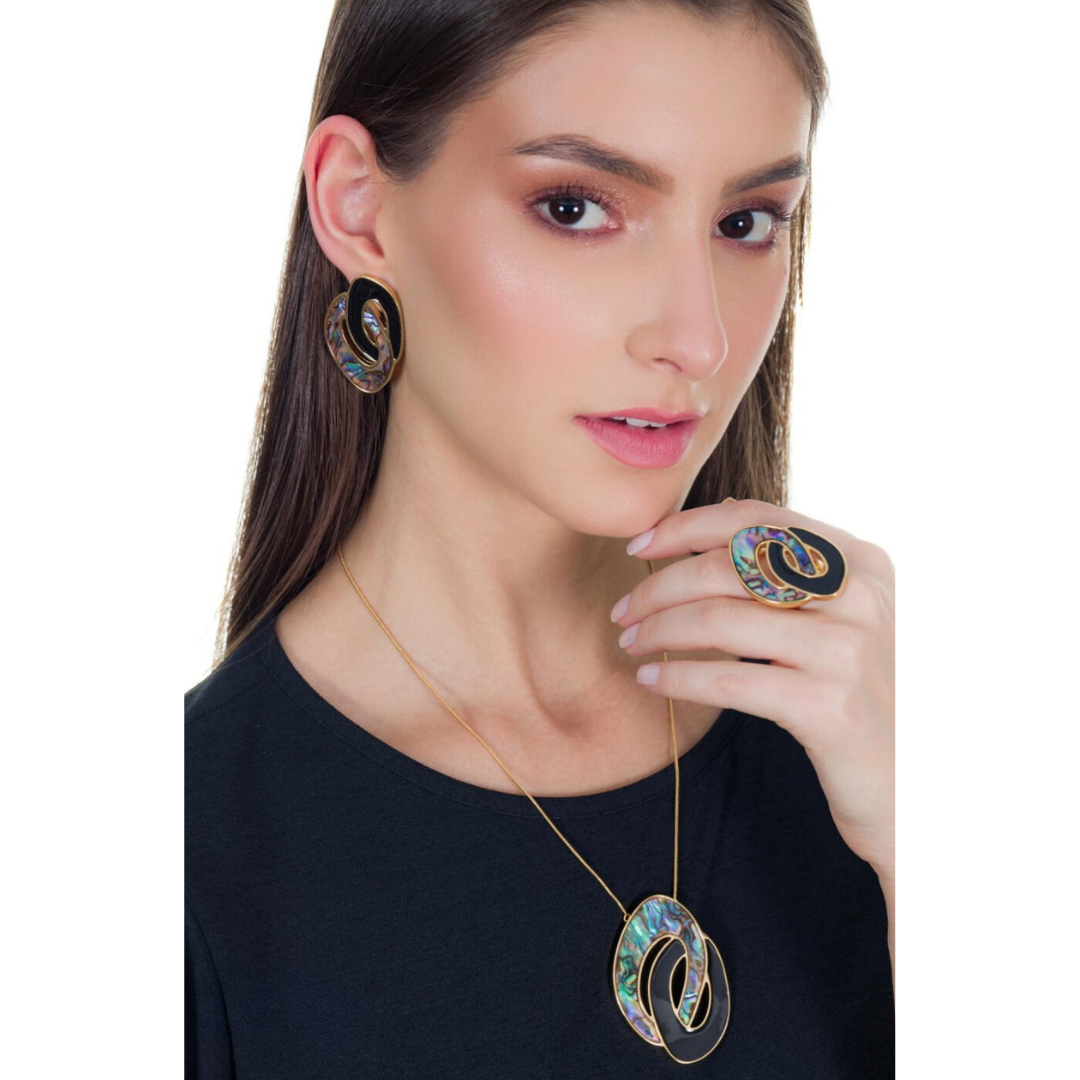 TerraFusion Gems 18k Gold Plated Ocean's Rainbow Abalone Shell set - treasures of Brazil