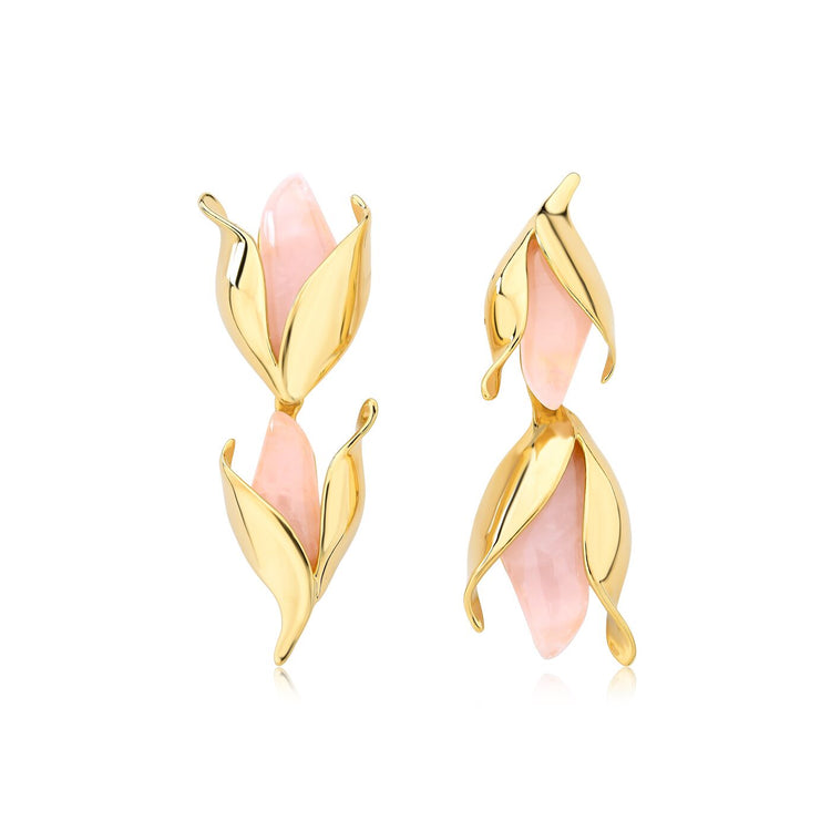 Blooming Beauty 18k Gold Plated Flourishing Tulips Rose Quartz Long Earrings