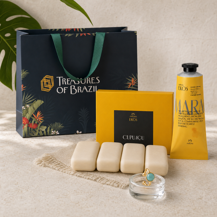 Brazilian Ritual Gift Set with Natura Ekos Maracujá hand cream, Cupuaçu soaps, natural stone ear cuff and Treasures of Brazil gift bag.