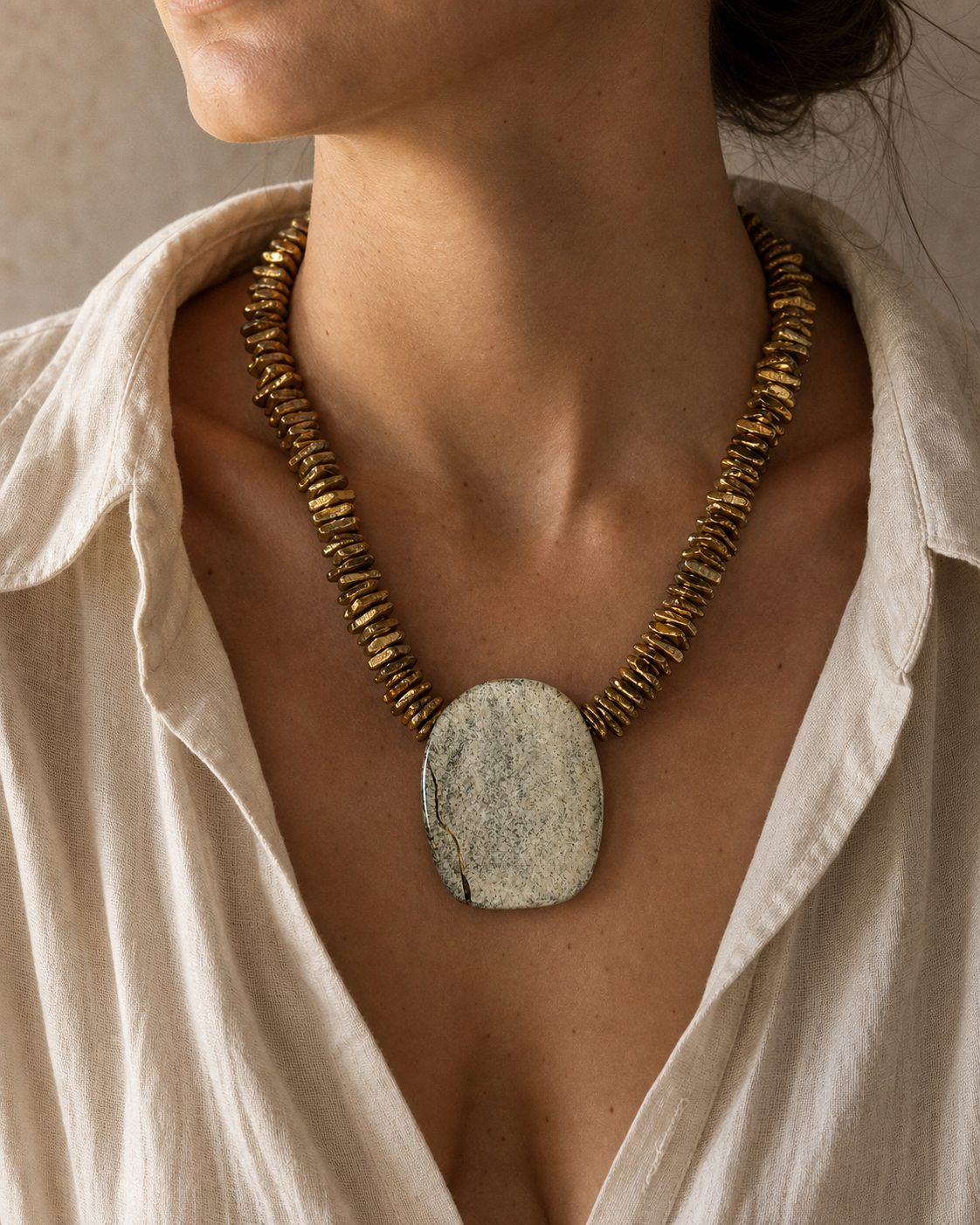 Catarina Concept hand-painted clay pendant necklace worn