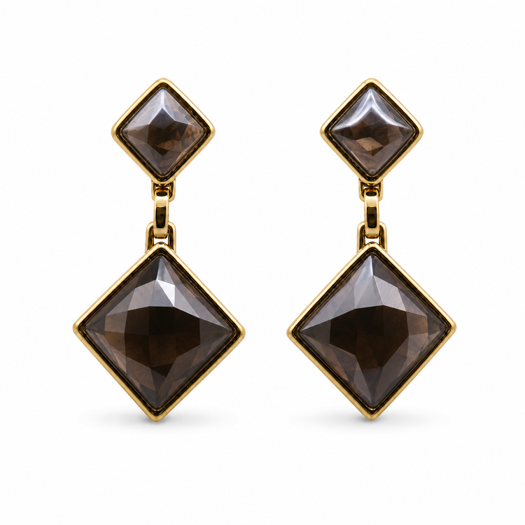 Pearly smoky quartz Pedras do Brasil natural stone PVD drop earrings
