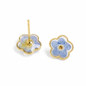 Back view of blue forget-me-not resin stud earrings