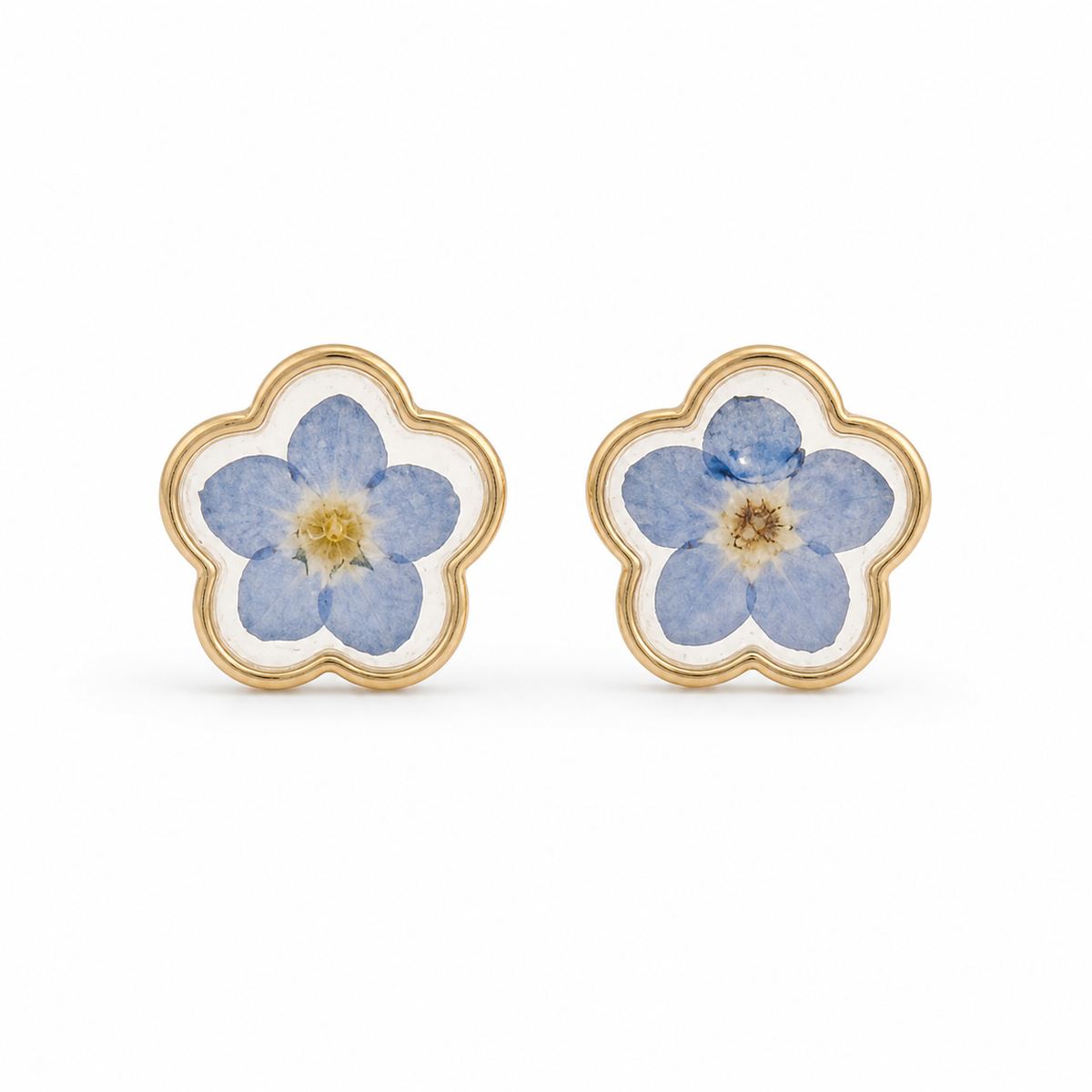Blue forget-me-not resin stud earrings with gold-tone outline