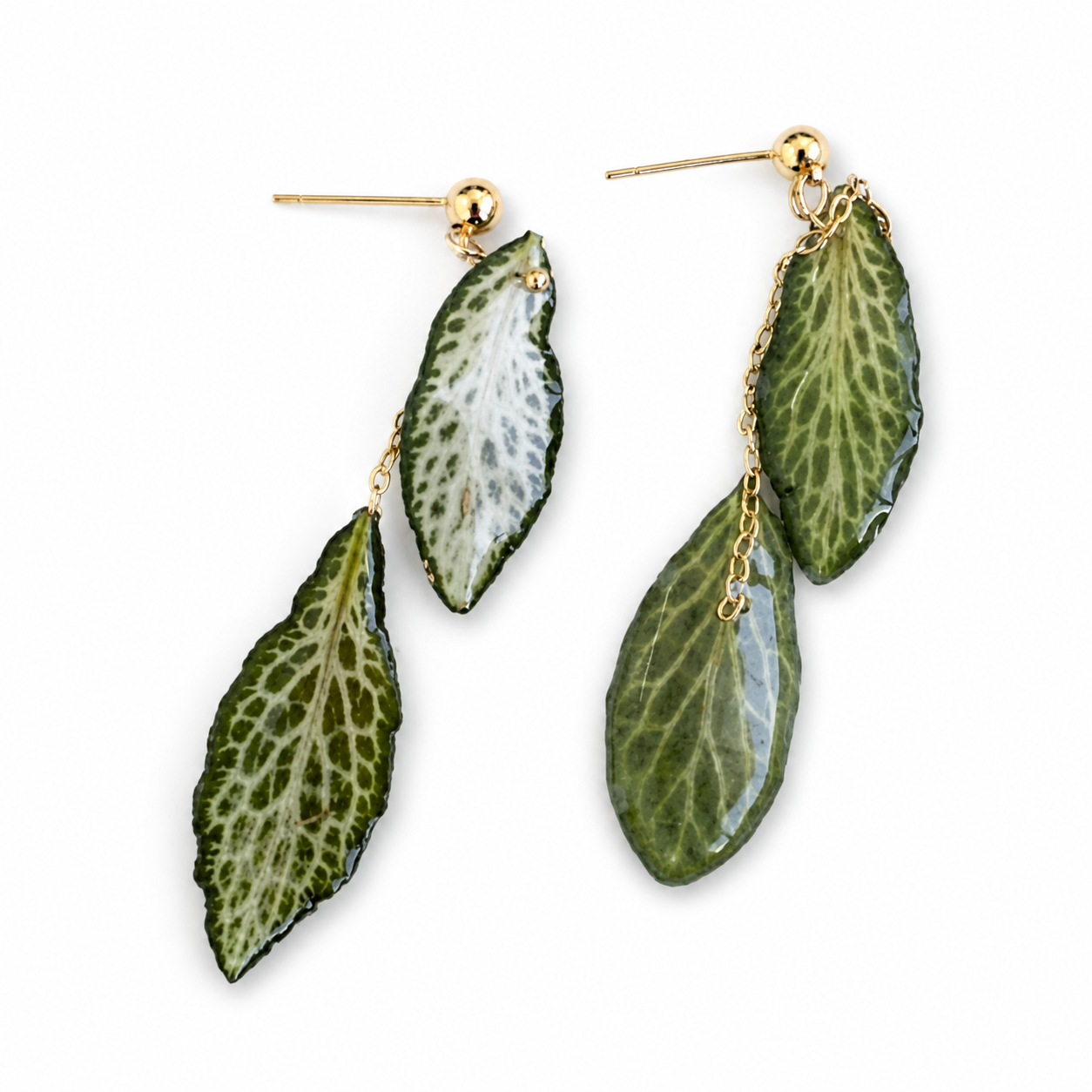 Green botanical leaf drop earrings preserved in clear resin