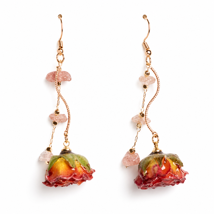Garden rose vine earrings with preserved petals and gold-tone chain