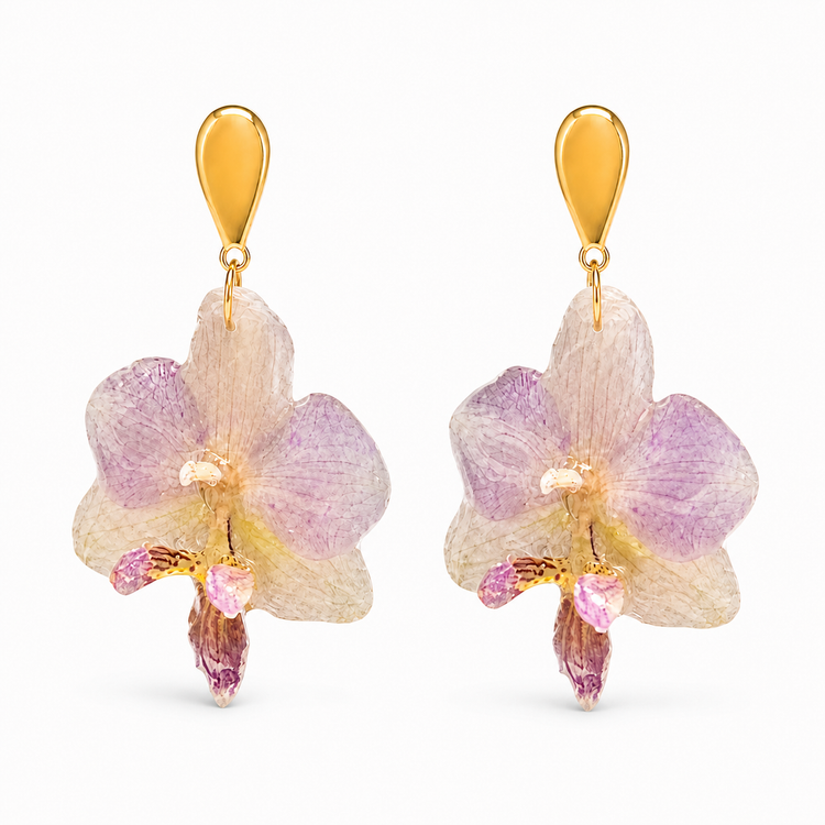 Lavender orchid resin drop earrings with gold-tone teardrop tops