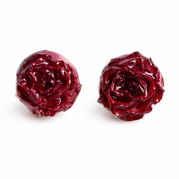 Deep red preserved rose resin stud earrings on white background