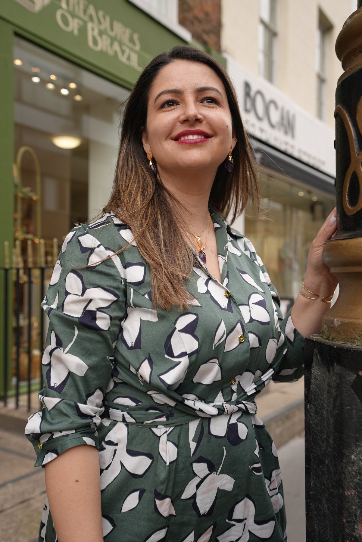 Daiane celebrating outside the Treasures of Brazil shop in Marylebone